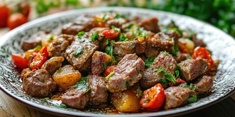Sauteed meat dish featuring tender chunks of beef with vibrant cherry tomatoes and chopped parsley served on a decorative plate with green herbs backdrop