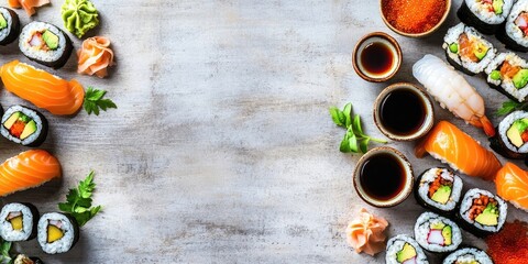 Vibrant sushi platter showcasing assorted rolls salmon shrimp and sauces on a gray wooden surface with empty space for text on the right