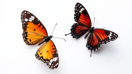 Two colorful butterflies isolated on a clean white background, showcasing delicate wings and intricate pattern