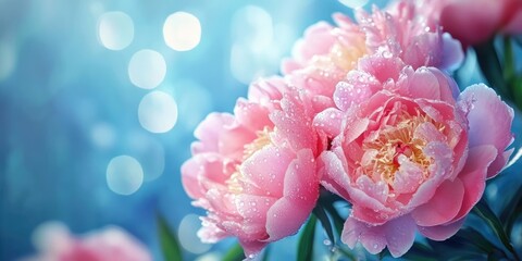 Obraz premium Delicate pink peonies with water droplets centrally positioned against a soft blue backdrop with bokeh effect creating a serene atmosphere