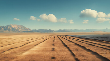 Naklejka premium A wide shot of a desert landscape, with parallel tire tracks leading to a mountain range. The image is a suggested upload for a user, among others