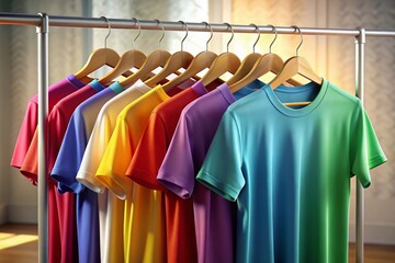 Obraz premium Colorful 3D T-Shirt Mockups on Clothing Rack - Apparel Design Template