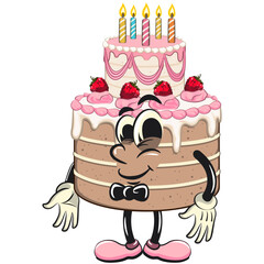 cute birthday and weading tart cake cartoon character mascot wearing a bow tie and feeling cool, work of hand drawn