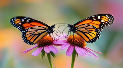 Fototapeta premium Two vibrant monarch butterflies feeding on a pink coneflower in a sunlit garden, showcasing nature’s beauty and pollination in action