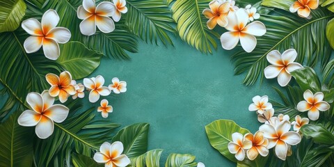 Lush tropical backdrop with vibrant green foliage and white flowers with orange centers creating a beautiful frame on a teal background