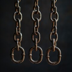 Obraz premium Metal chains hanging from a ceiling in an industrial setting with strong lighting and shadows