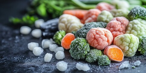 Frozen mixed organic vegetables on dark stone surface with green broccoli, orange carrots, and pink cauliflower. Eco-friendly food concept.