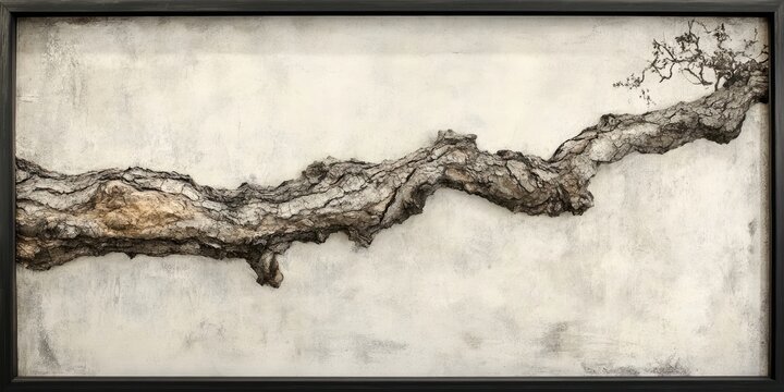 Minimalistic wabi-sabi tree bark on neutral paper backdrop framed in black with ample copy space featuring earthy browns and subtle textures