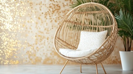 A comfortable chair with a plush cushion is positioned next to a vibrant potted plant, creating a cozy and inviting atmosphere.