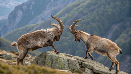 Fototapeta premium In the heart of the mountains, two powerful goats engage in a fierce head-butting battle, showcasing their strength and agility on the rugged terrain.