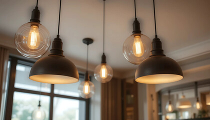 Lighting: Modern yet cozy lighting fixtures hang from the ceiling, illuminating the space with a warm glow.