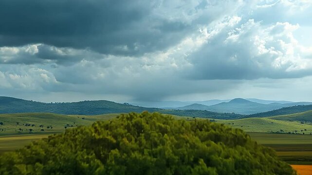 Rolling Hills and Stormy Skies: A dramatic landscape featuring rolling hills, green meadows, and a stormy sky. The ominous clouds gather overhead, casting dramatic shadows over the serene landscape.