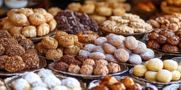 Assorted Moroccan sweets displayed on ornate plates featuring golden pastries brown cookies and white powdered treats creating a colorful dessert table