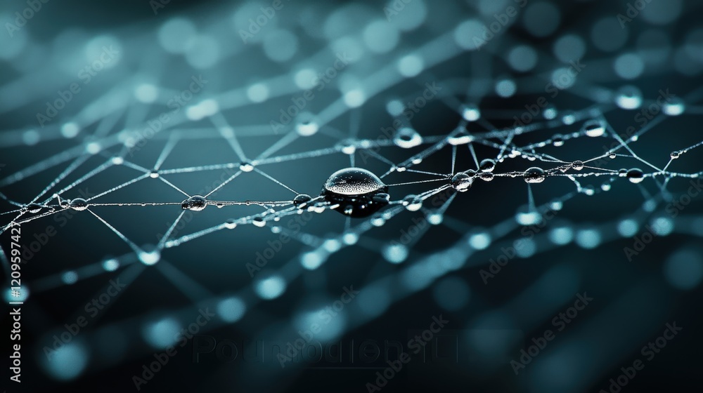 Poster Close-Up of a Transparent Substance with Droplets on Web-Like Structure, Showcasing Intricate Details and Glimmers of Light, Perfect for Scientific or Artistic Themes