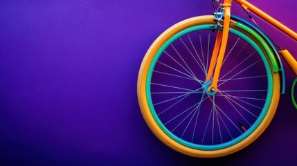 Fototapeta premium A vibrant bicycle wheel with neon accents, displayed on a deep purple background for a bold modern aesthetic