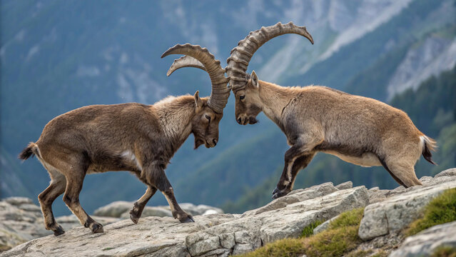 In the heart of the mountains, two powerful goats engage in a fierce head-butting battle, showcasing their strength and agility on the rugged terrain."
