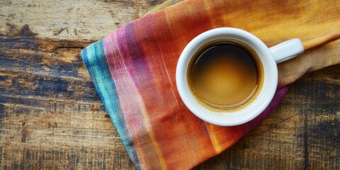 Top view of a white coffee cup filled with dark coffee placed on a rustic wooden table beside a colorful, vibrant striped napkin