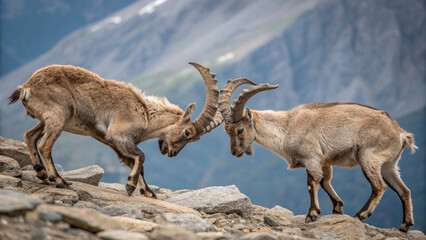 Two majestic mountain goats lock horns in a dramatic display of dominance on a rocky outcrop, set against a stunning mountainous backdrop."