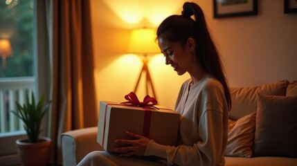 A person opening a surprise package sent by their long-distance friend, the room glowing with the warmth of a thoughtful gift that bridges the gap of miles.