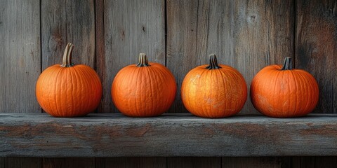 Four vibrant orange pumpkins arranged on a rustic wooden shelf against a weathered wooden backdrop,...