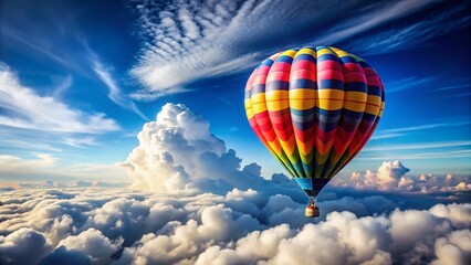Fototapeta premium Colorful Hot Air Balloon Ascending Through Fluffy Clouds - Stunning Aerial View