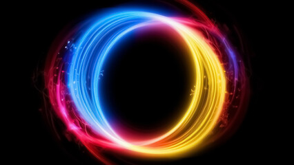 A vibrant and dynamic neon light circle with bright blue, pink, and yellow streaks swirling in a circular motion, set against a dark background, creating a sense of motion and energy.