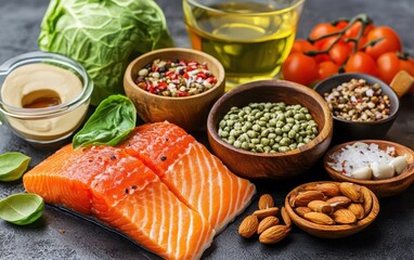A close-up view showcasing an assortment of nutritious foods, featuring salmon, nuts, and fresh spinach arranged aesthetically.