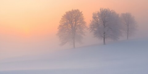 Winter sunrise scene with three frosted trees in soft morning fog; hues of orange and pink gradient above a serene snowy landscape.