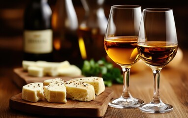 Naklejka premium Two elegant wine glasses filled with red wine accompany a plate of assorted cheeses on a beautifully set table, creating a sophisticated atmosphere.