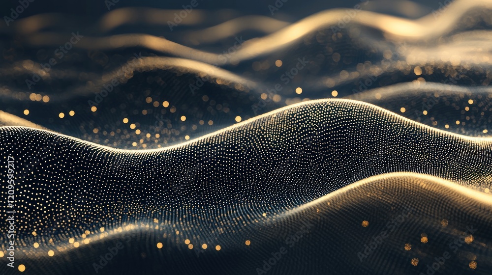 Poster abstract wavy pattern of glowing dots on dark background with bokeh effect
