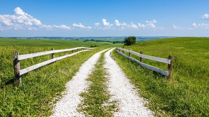 Obraz premium Rural gravel road through green fields on sunny day