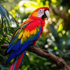 Fototapeta premium Colorful parrot perched on a branch of a tree in a natural outdoor setting
