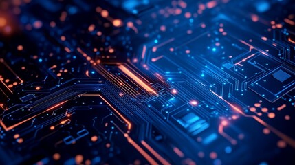 Obraz premium Futuristic circuit board, glowing pathways, data flow, digital technology, background bokeh, tech concept