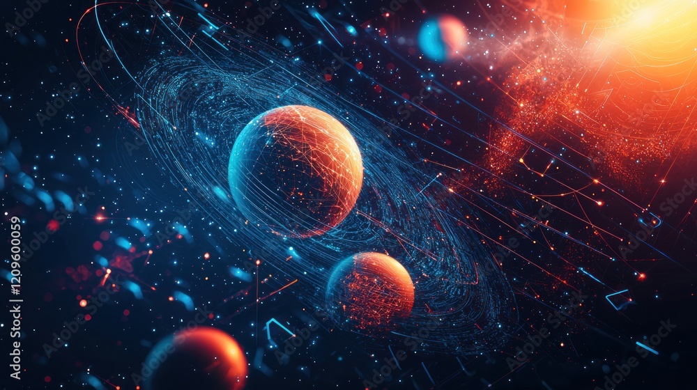Aufkleber abstract digital representation of planets with glowing lines in a dark starry universe