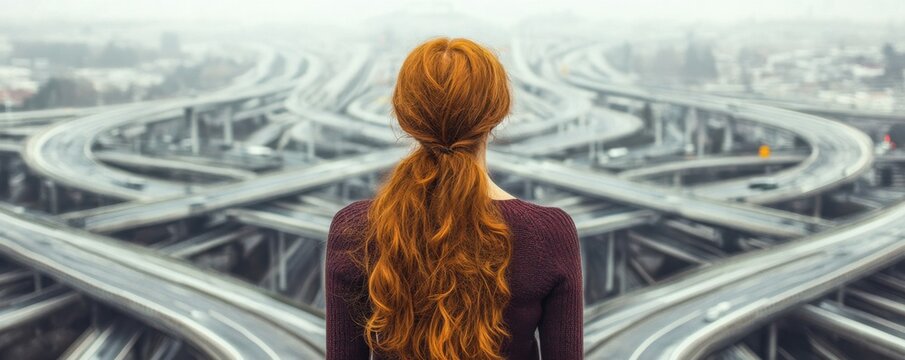 A woman with long red hair stands before a complex, tangled network of highways, symbolizing the theme of indecision and navigating life's choices