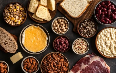 A detailed close-up view of a table showcasing an assortment of diverse food items, highlighting textures, colors, and arrangements.