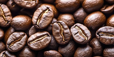 Fototapeta premium Close-up of dark roasted coffee beans scattered across a surface in rich brown tones with shiny highlights creating depth and texture.