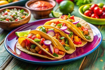 Colorful Platter of Delicious Tacos with Sides - Stock Photo