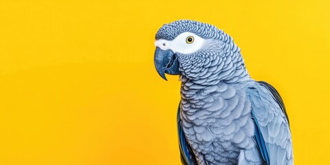 Obraz premium Gray parrot portrait with vibrant yellow background showcasing detailed feathers and sharp beak positioned to the left for a dynamic composition