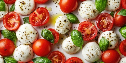 Fresh mozzarella balls, ripe cherry tomatoes, and green basil leaves arranged artfully with olive oil and black pepper on a white surface.