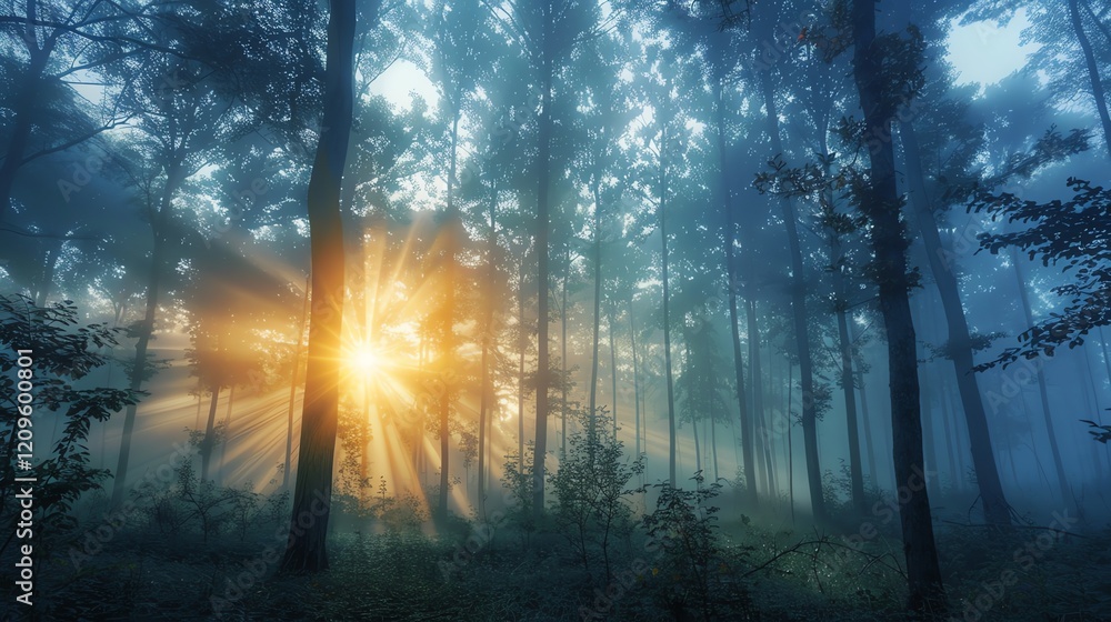 Poster sunlight shining through the trees in a misty forest.