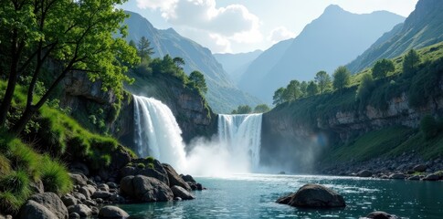 Fototapeta premium Trees stretch towards misty waterfalls in rocky terrain, mountain, natural, scenery