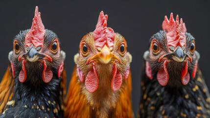 Fototapeta premium Closeup of three chicken with different colours (dark brown, black and brown) looking into the camera