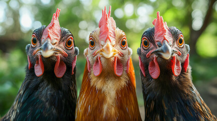 Fototapeta premium Closeup of three chicken with different colours (dark brown, black and brown) looking into the camera