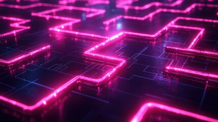 Fototapeta premium Vibrant pink neon maze illuminates a dark futuristic circuit board