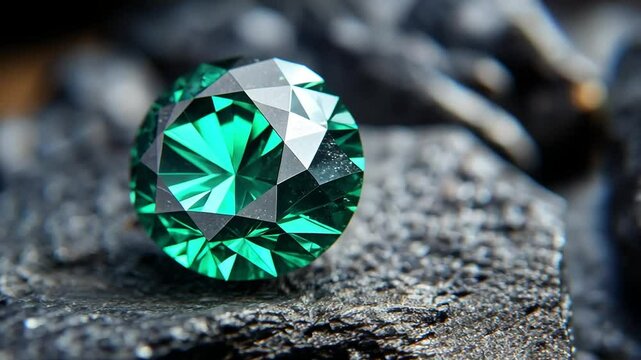 Emerald Radiance: A captivating emerald gemstone, its vibrant green hue intensified by the dark backdrop, sparkles with an alluring brilliance.