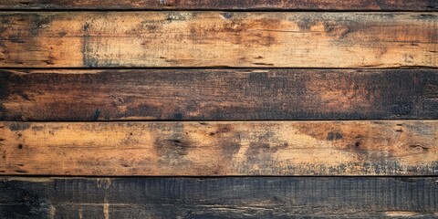 Rustic aged wooden planks background in brown and dark tones arranged horizontally, showcasing a weathered texture ideal for vintage themes