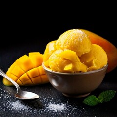 Close-up shot of a mango ice cream scoop, showcasing its creamy texture and sweet allure. Captured from multiple angles, it's perfect for highlighting desserts and decorative presentations.