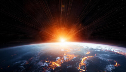 Glowing sun and sunrays over the planet, view from space