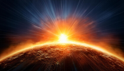 Sun explosion over the planet Earth, glowing sunrays